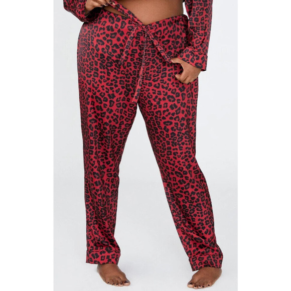 Good American Pajama Pants Large 3 Satin Drawstring Red Leopard Animal Stretch - Picture 1 of 16